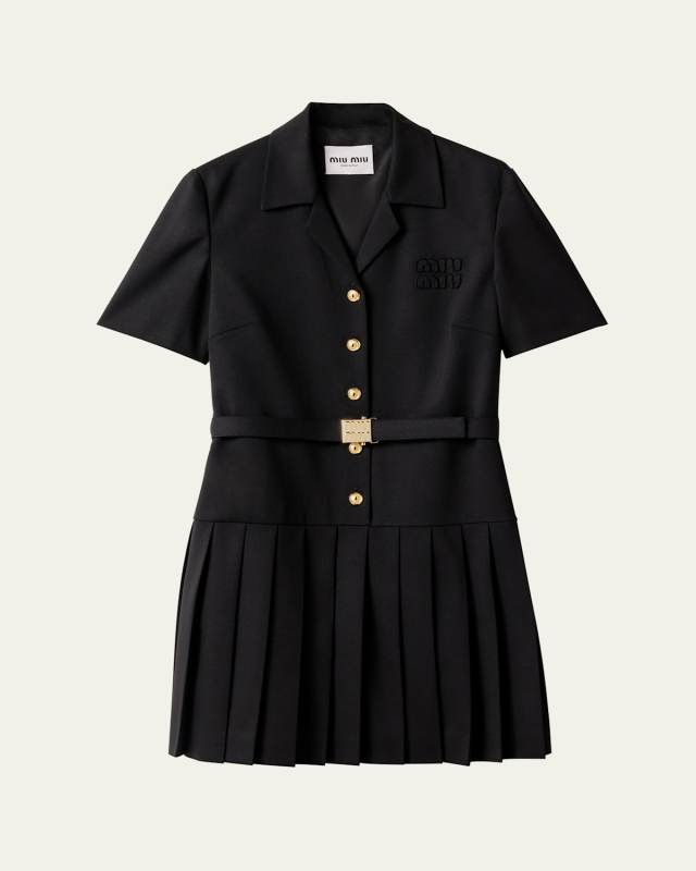 Short-Sleeve Button-Down Belted Mini Shirtdress